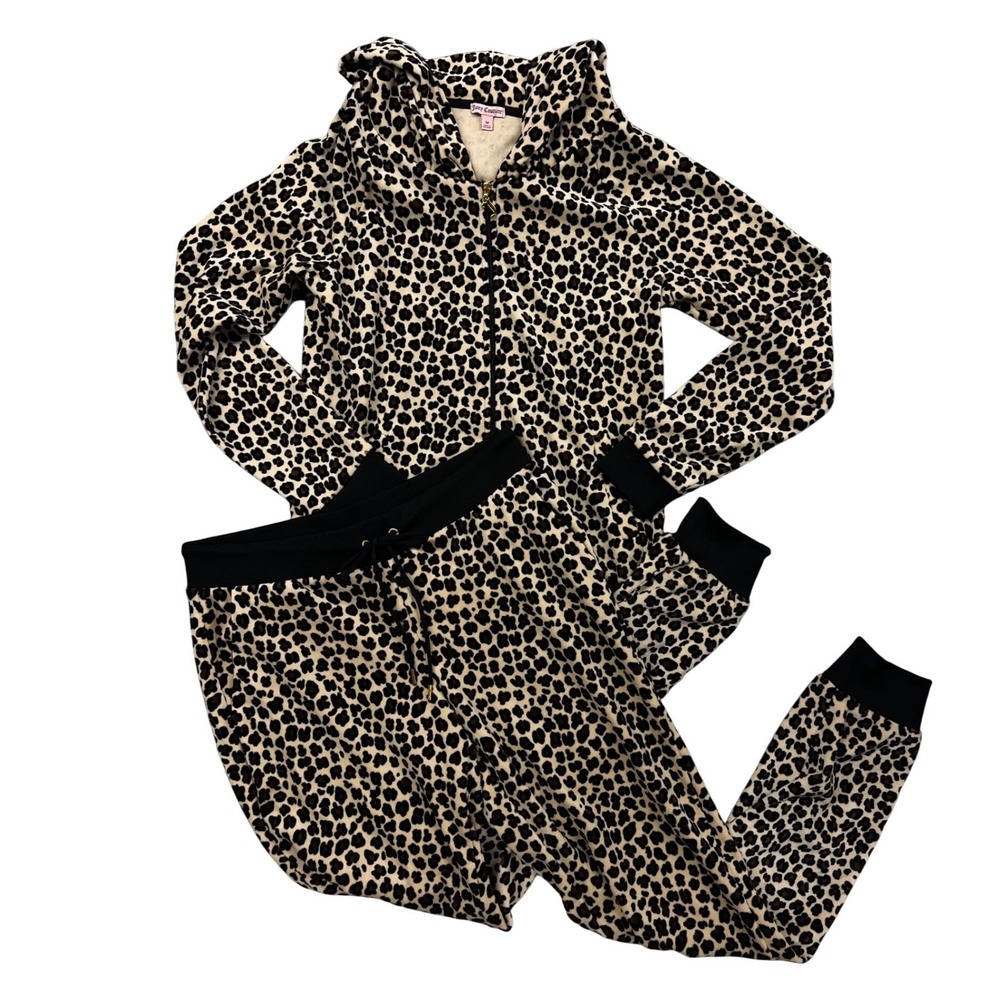 Juicy Couture Leopard Print Velour Tracksuit Set Hoodie Joggers Tan Black M